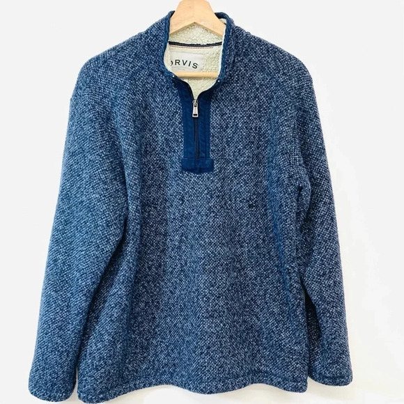 Orvis‎ Sherpa Lined Sweater Men  Medium 1/4 Zip Blue  Sweatshirt Heavy Casual - Picture 1 of 10